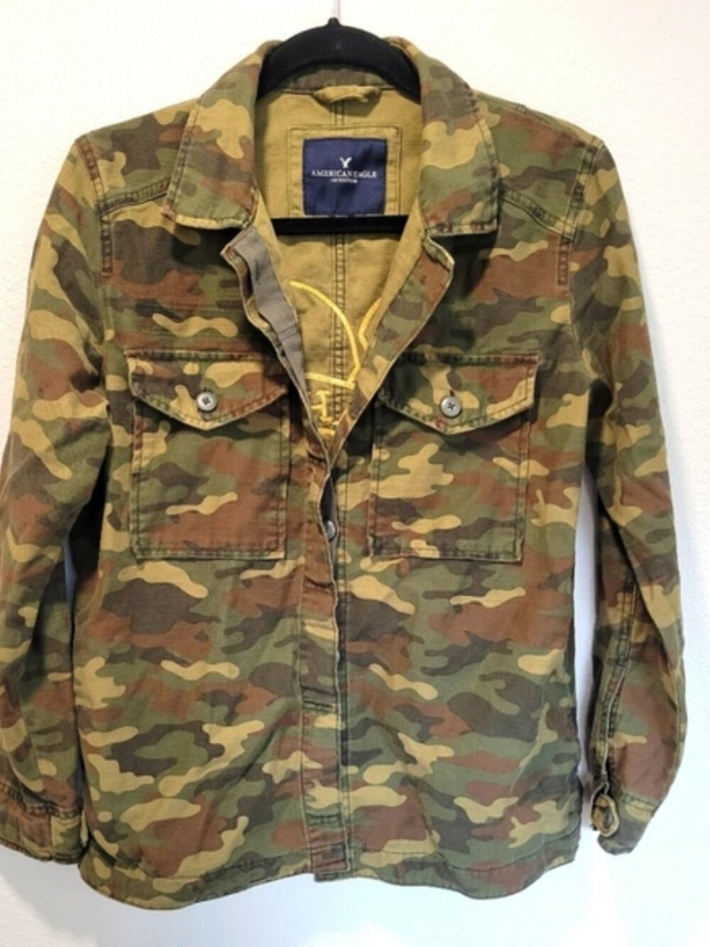 American Eagle Denim Jacket Womens Medium‎ Green Brown Camo Military Coat